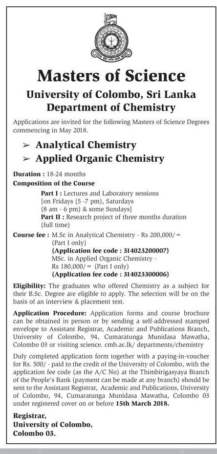 Masters of Science Degrees (Analytical Chemistry, Applied Organic Chemistry) - Department of Chemistry - University of Colombo